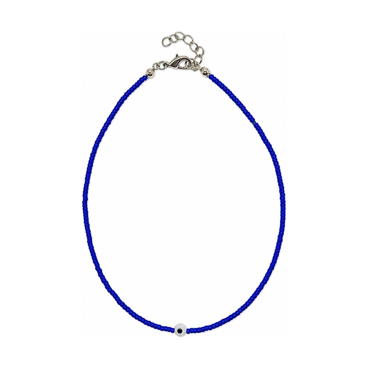 Blue beaded choker necklace with a single evil eye bead accent, adjustable lobster clasp closure, minimal layering necklace