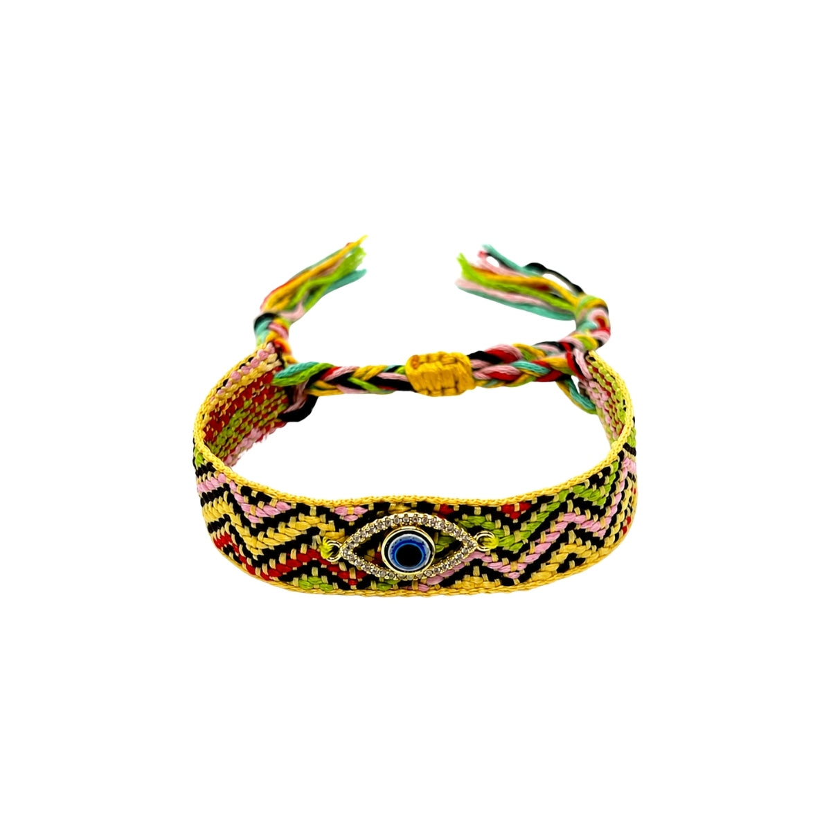 Woven friendship bracelet in yellow black and multicolor zigzag pattern with blue enamel evil eye charm and crystal detail, adjustable pull cord closure