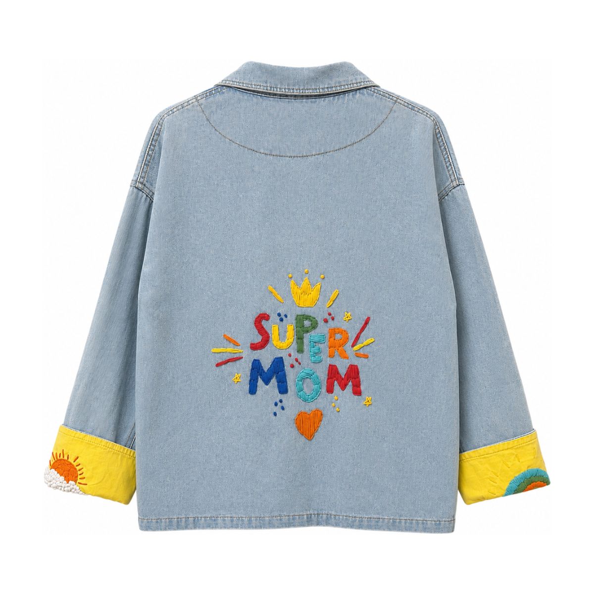 Flat back view of the Boutique Flo Super Mom Embroidered Light Denim Jacket, displaying the full "Super Mom" embroidery and yellow contrast cuffs