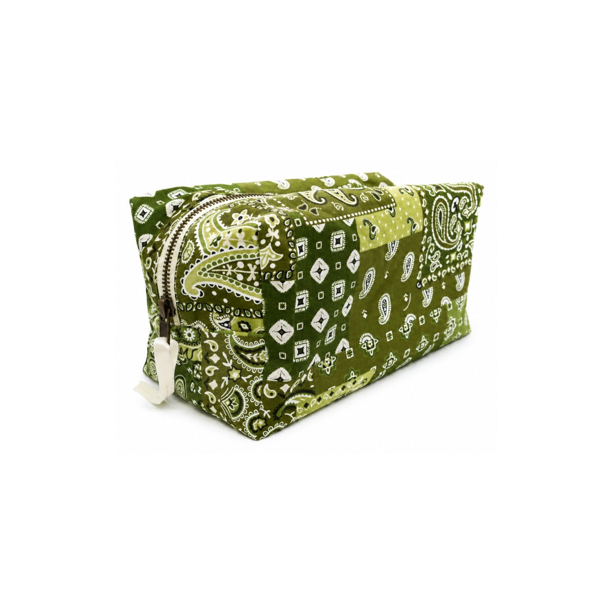 Three-quarter angle view of the Cofin Paris Large Louise Green Bandana Toiletry Bag displaying its structured boxy shape.