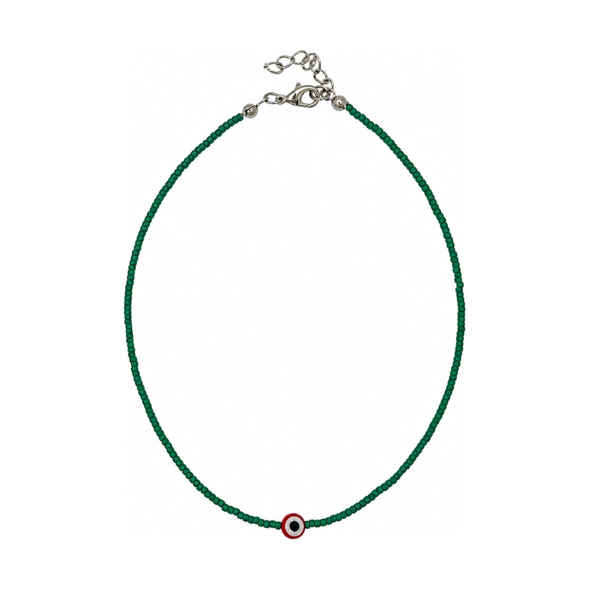 Green beaded choker necklace with a single red and white evil eye glass bead accent, adjustable lobster clasp closure, minimal layering necklace