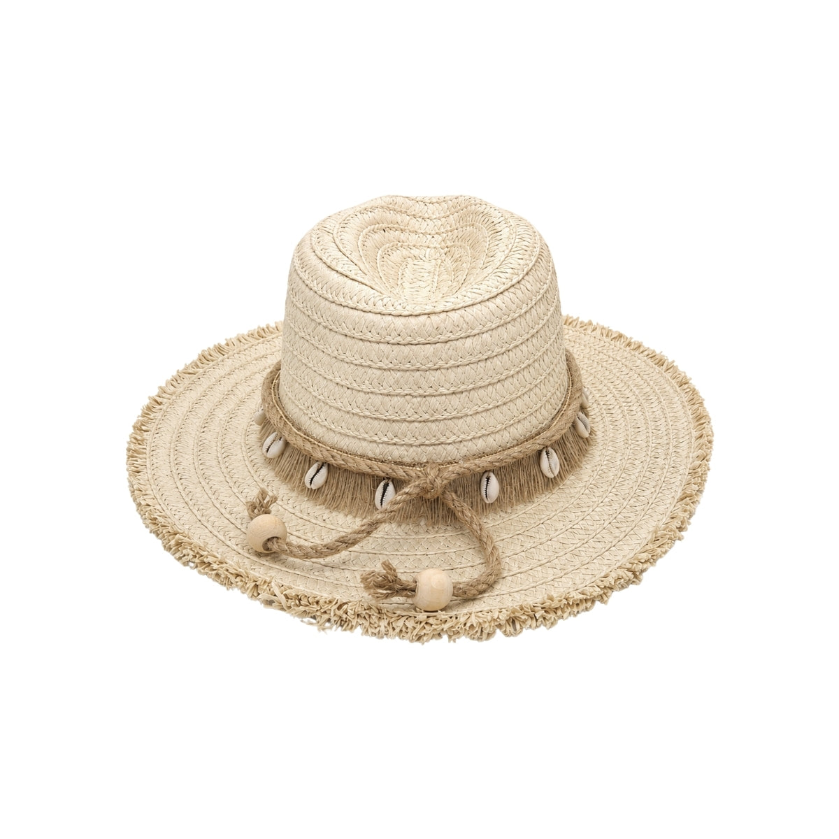 Back view of NN Design woven straw fedora hat showcasing the tied jute cord accent with wooden beads, frayed outer edge, and full cowrie shell band trim