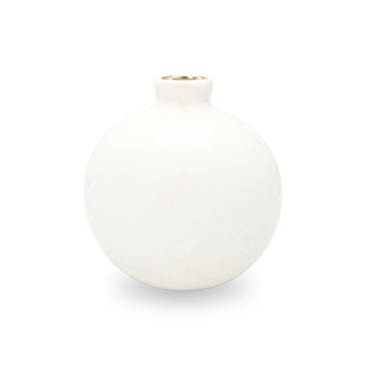 Back view of the smooth white ceramic pomegranate accent showcasing its clean silhouette and gold rimmed top spout.