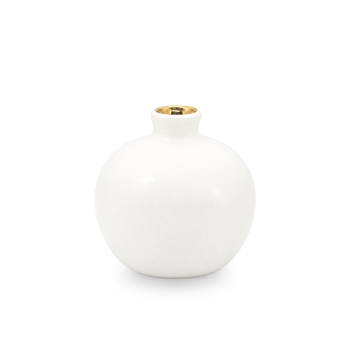 Back view of the smooth white ceramic pomegranate accent showcasing its clean silhouette and gold rimmed top spout.