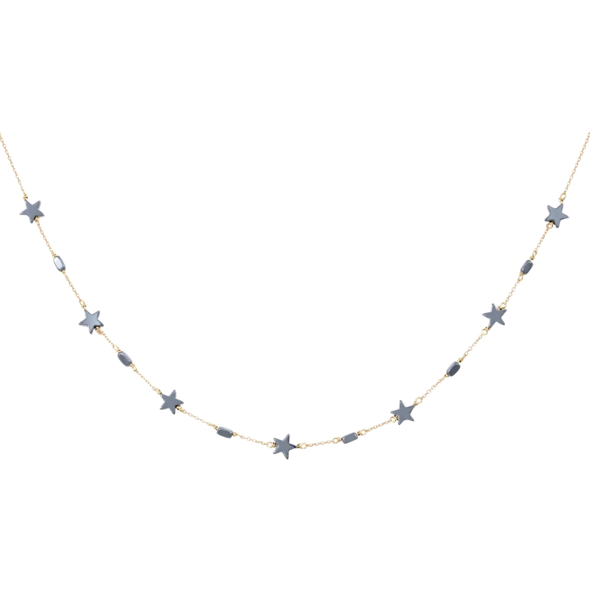 Orchid Jewelry 18k yellow gold fine choker necklace featuring metallic grey star beads and geometric station accents
