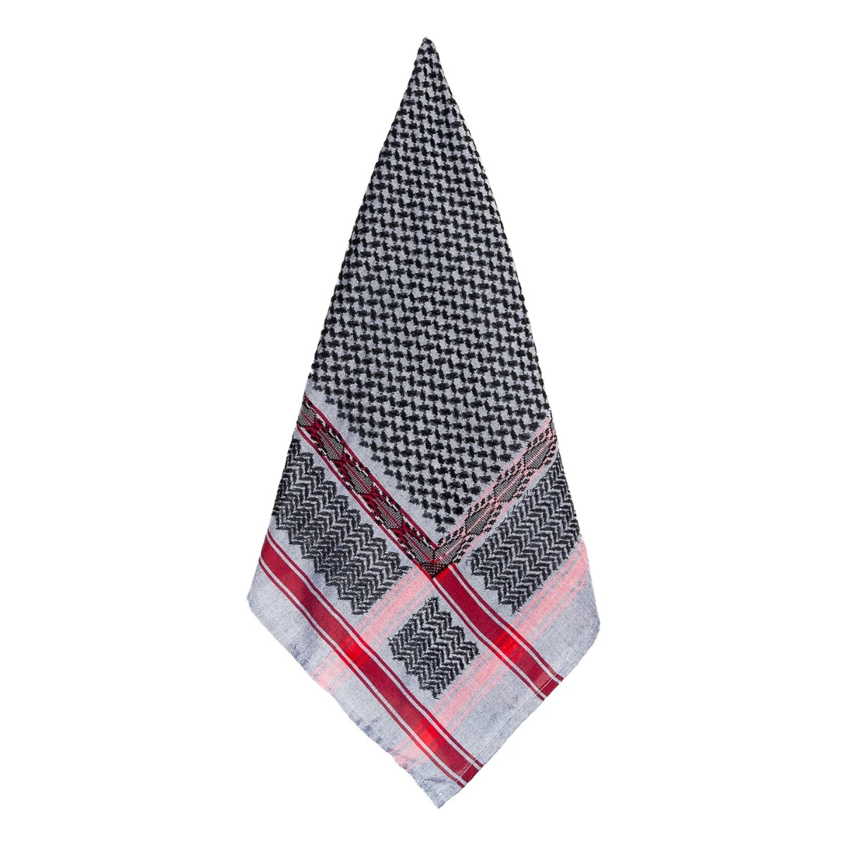 Full flat layout of SEP grey and black keffiyeh scarf showing woven fishnet pattern and red striped borders