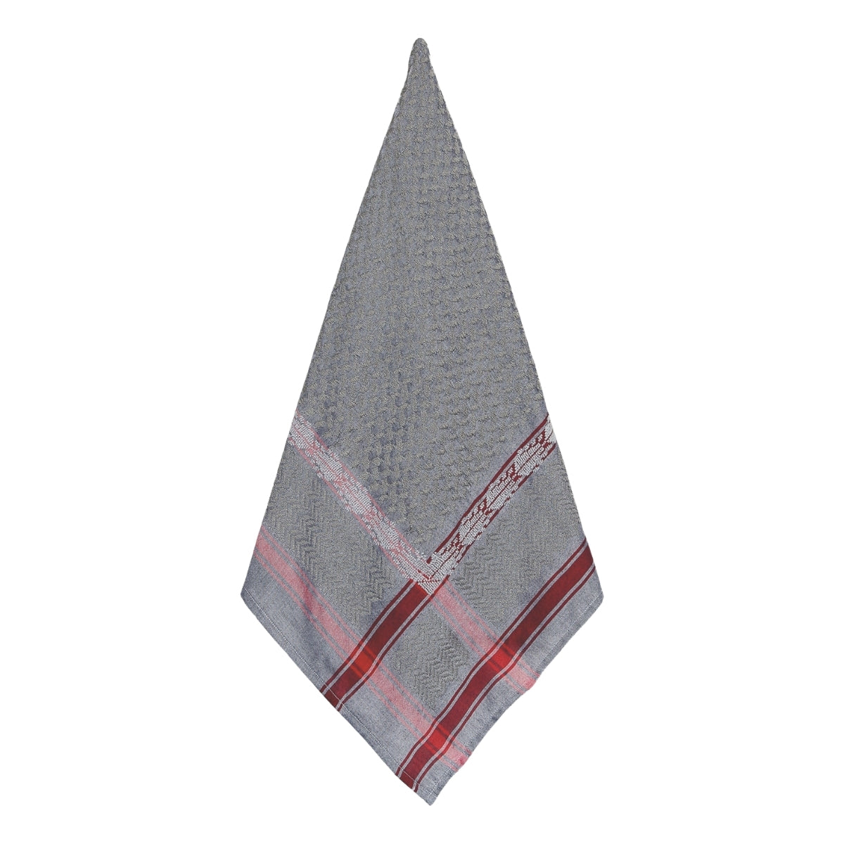 Full flat layout of SEP grey keffiyeh scarf showing red striped borders and hand-embroidered V-shape corner detailing