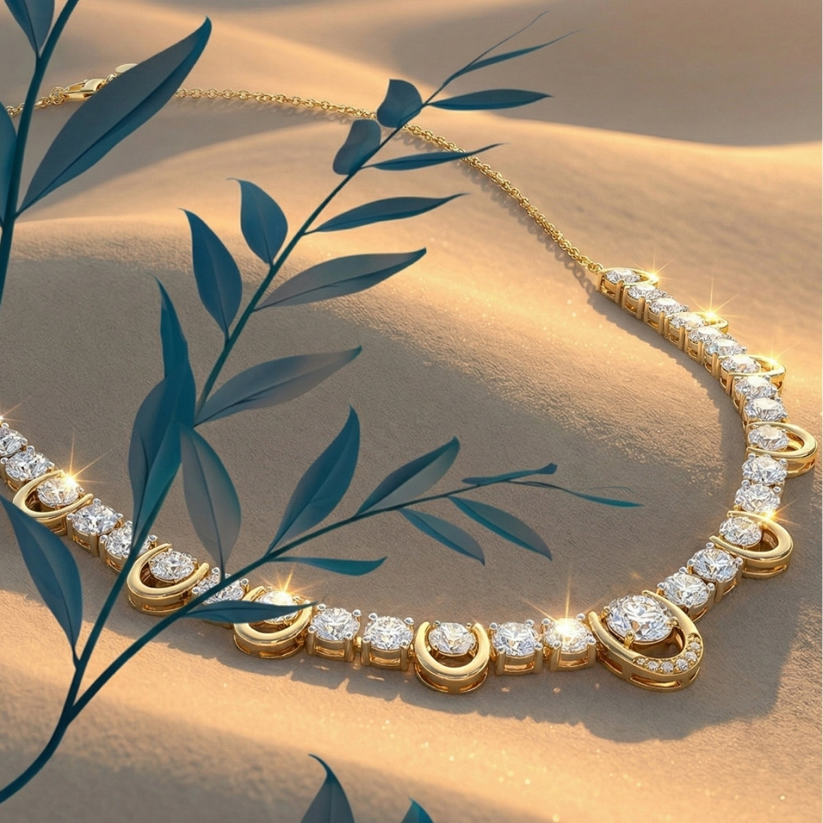 14k yellow gold necklace with graduated round lab-grown diamonds laid on sand with desert foliage, fine jewelry lifestyle styling