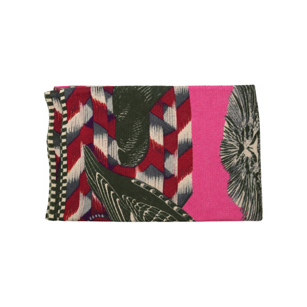 Close up texture detail of You & Eye animal print fuchsia cashmere scarf with chevron border and vibrant yarn weaving.