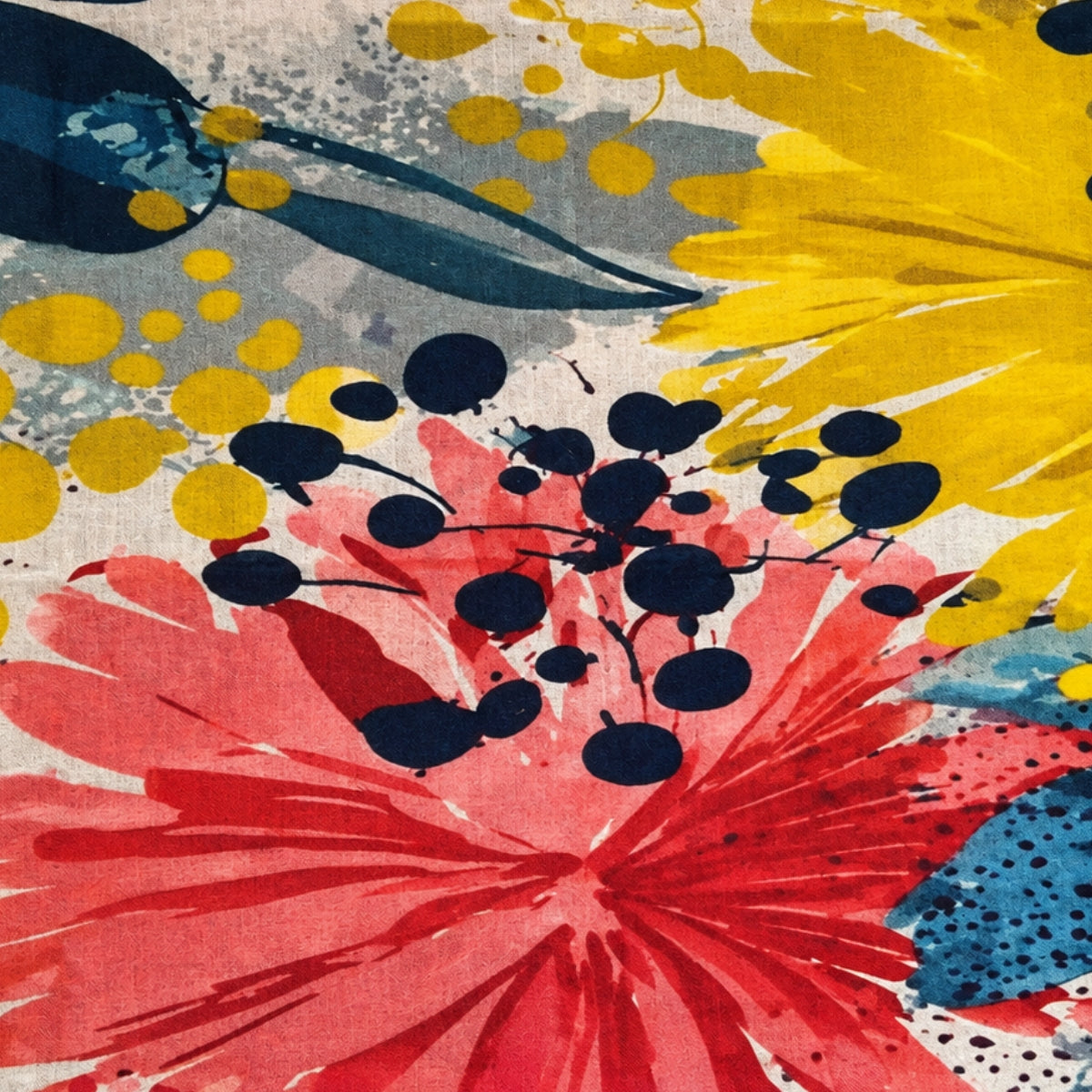 Close-up of the scarf's coral floral motif against the neutral ground with mustard and navy accents