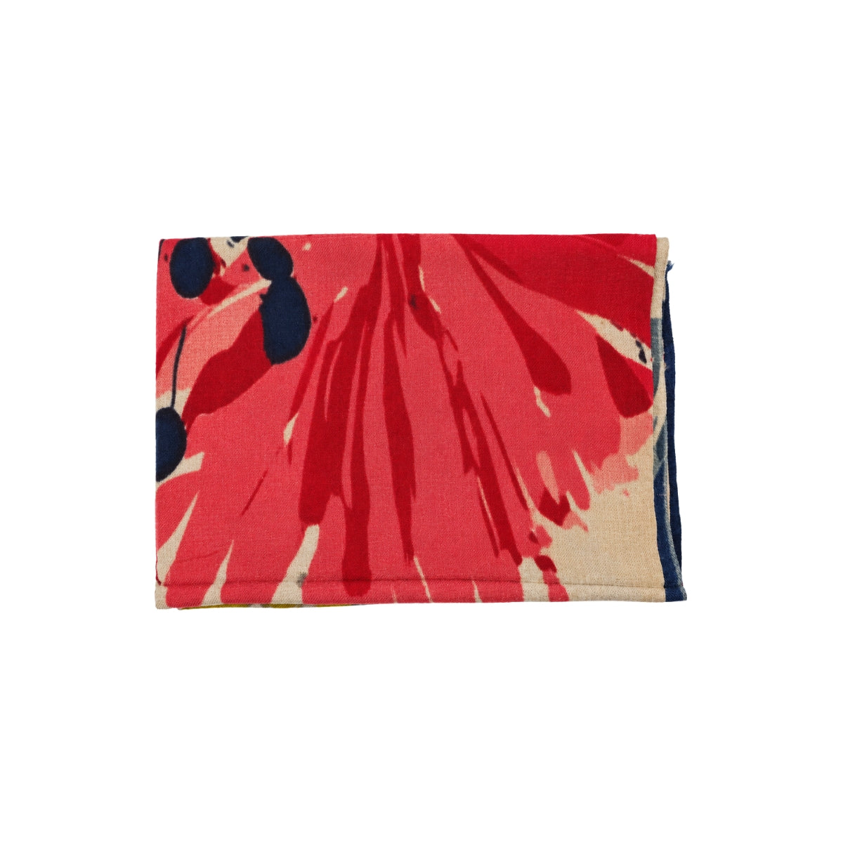 Close-up of the scarf's deeper red and charcoal colorway, showing the abstract bloom detail