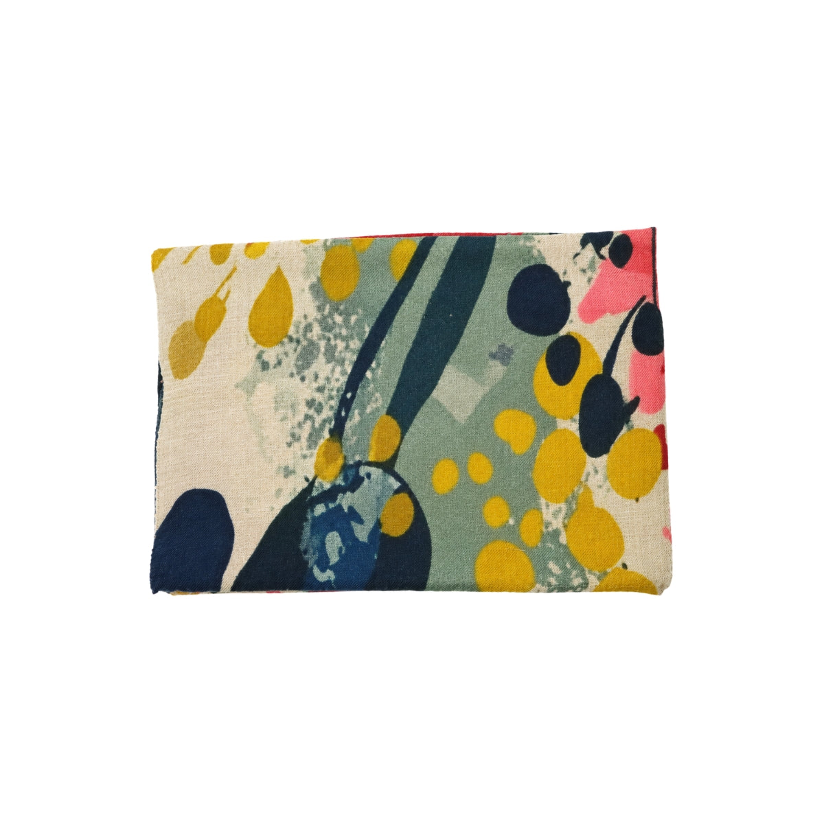 Neutral cashmere scarf folded, showing the abstract floral print in coral, mustard, navy, and sage