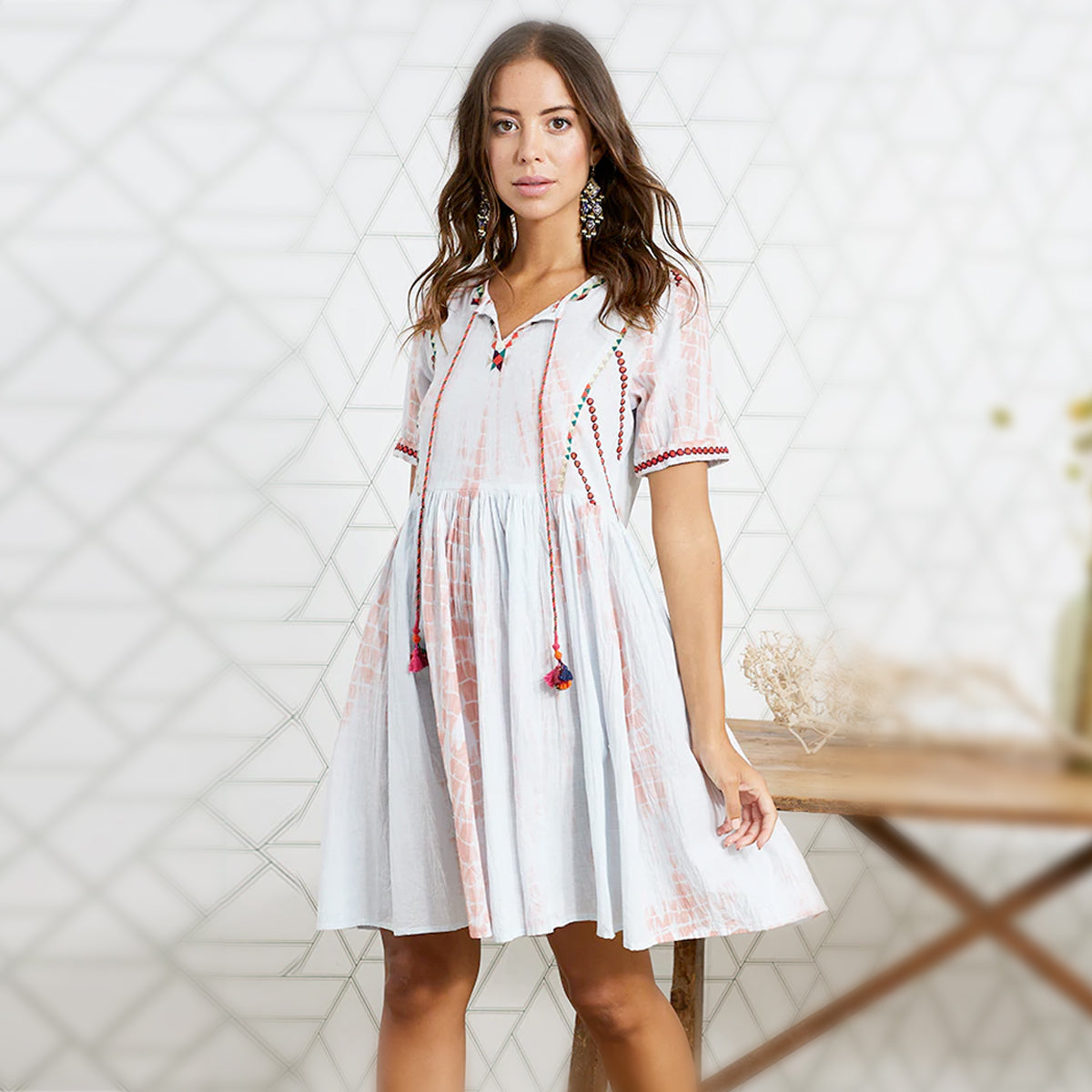 Buy Luna Llena Red Tie Dye Boho Embroidered Short Dress Online for Women | Free 3-Hour Delivery in Dubai | Boom & Mellow UAE