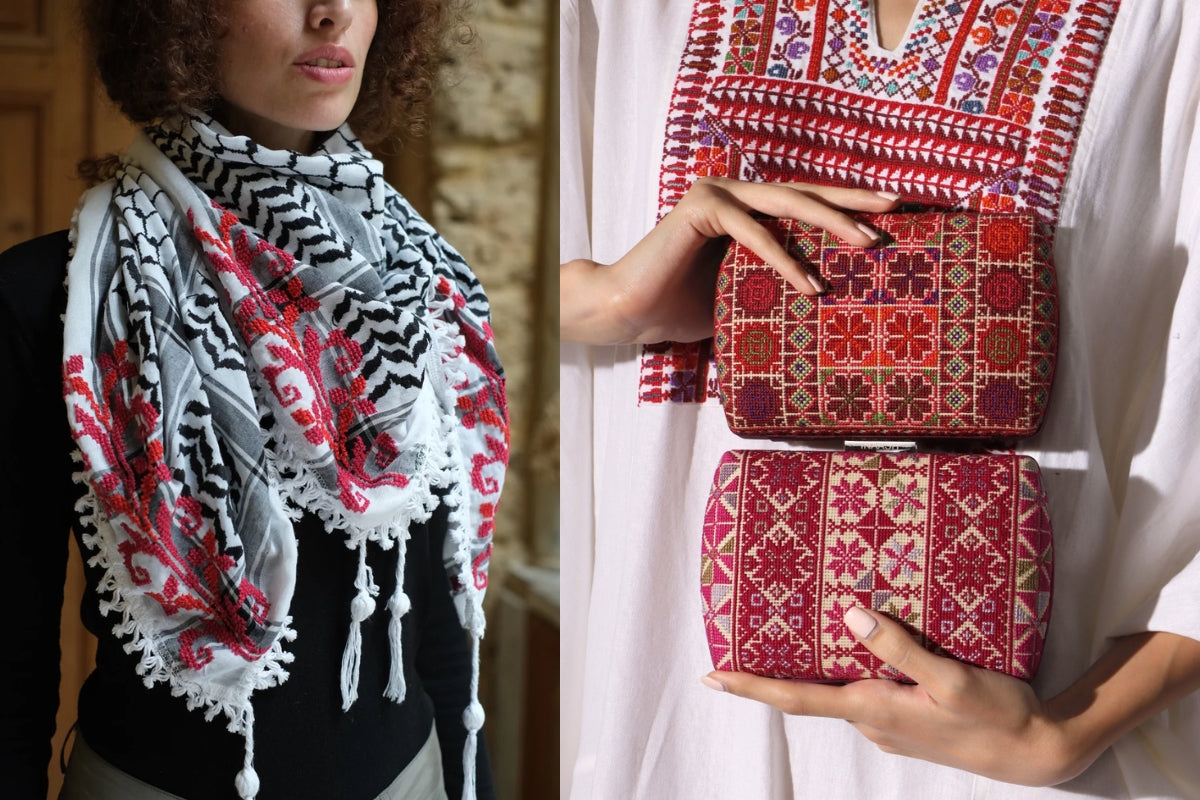 Handcrafted Palestinian embroidered scarf, clutch bag, and textile accessories by Inaash and SEP