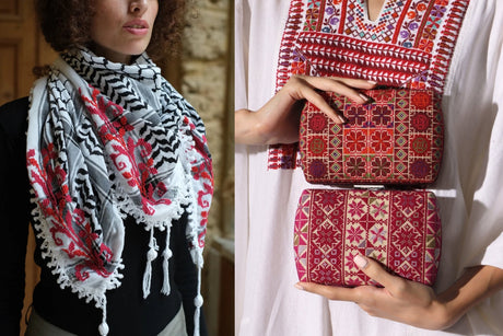 Handcrafted Palestinian embroidered scarf, clutch bag, and textile accessories by Inaash and SEP