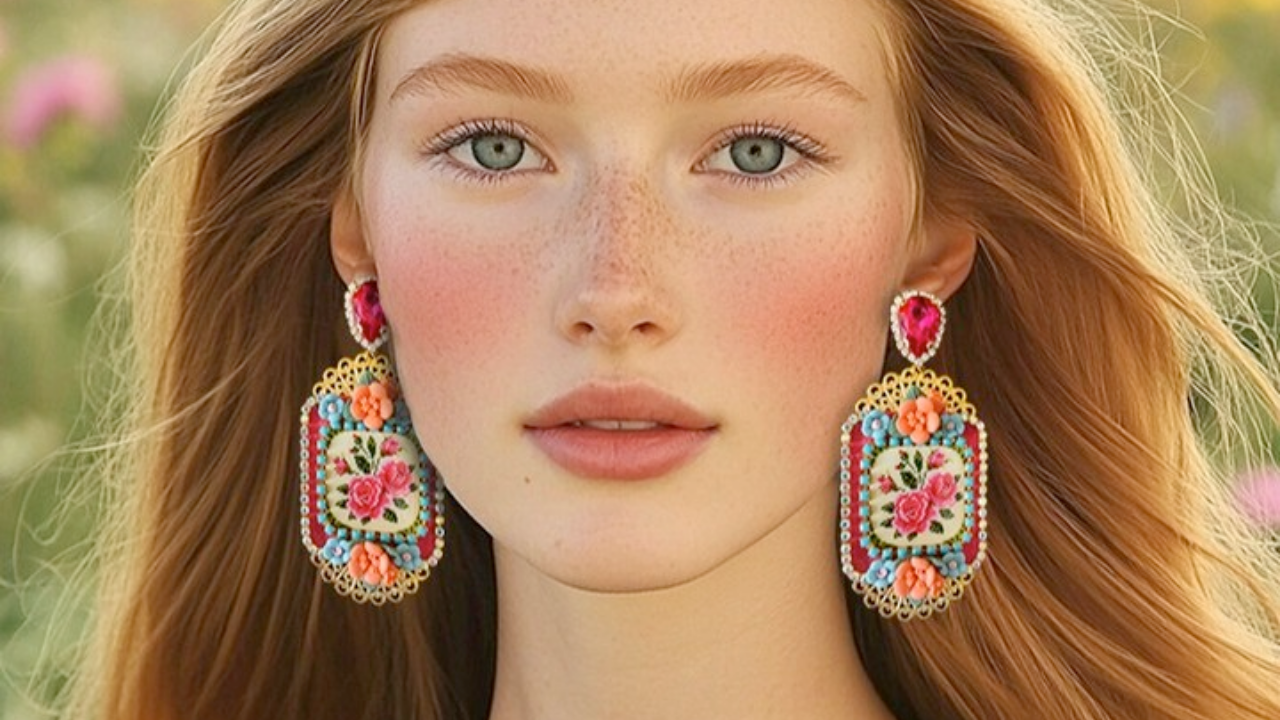 Woman wearing colorful statement earrings from Boom & Mellow Dubai