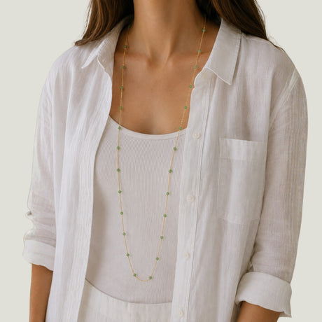 Green Jade Beaded Station Long Necklace