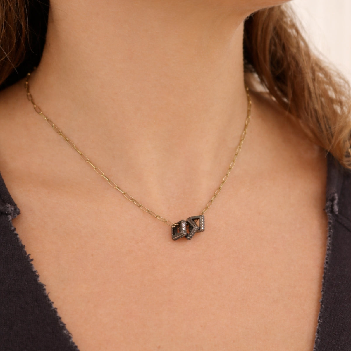 Nathan & Moe Pave Trio Square Rondelle Paperclip Link Necklace