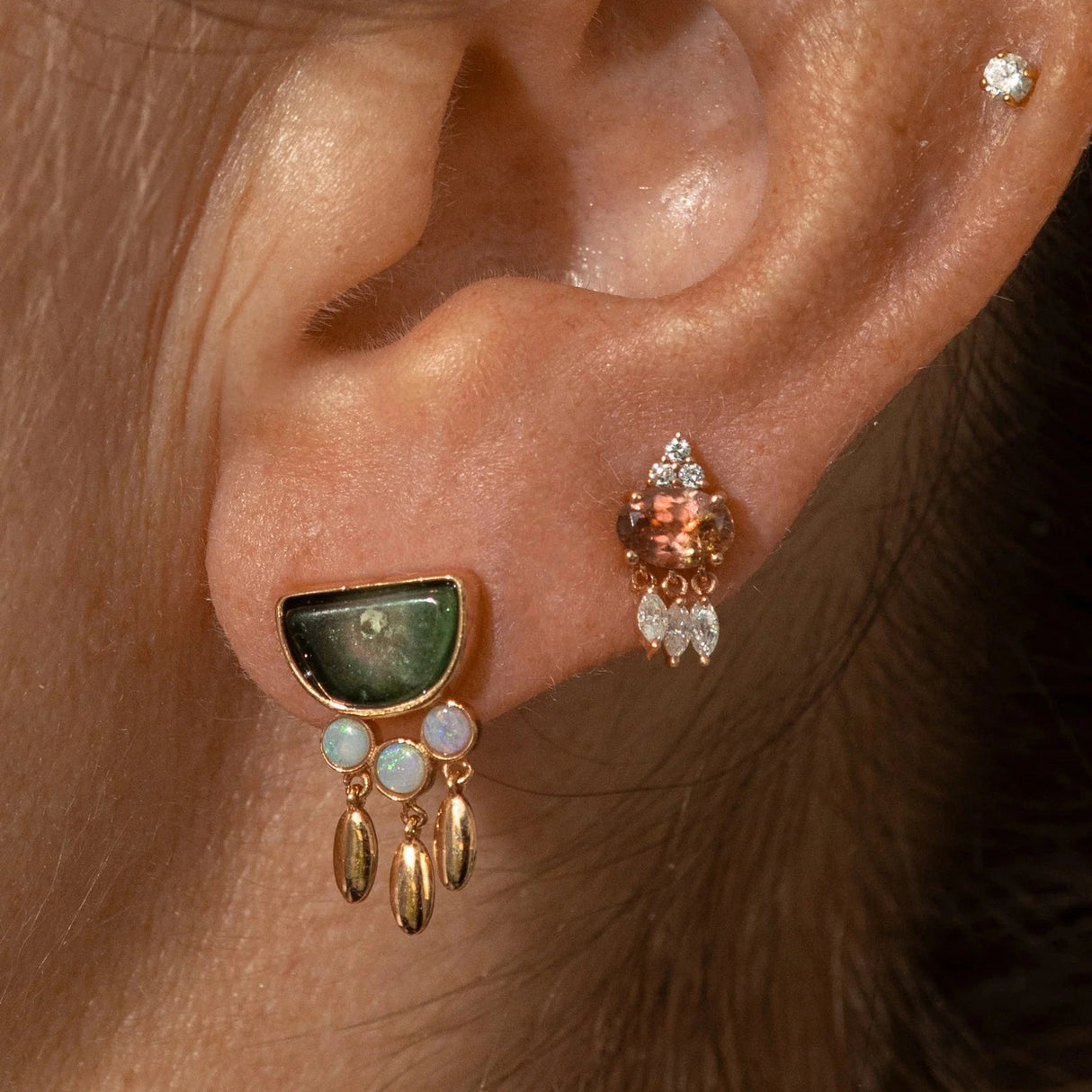 D Shape Tourmaline with Opal Earring