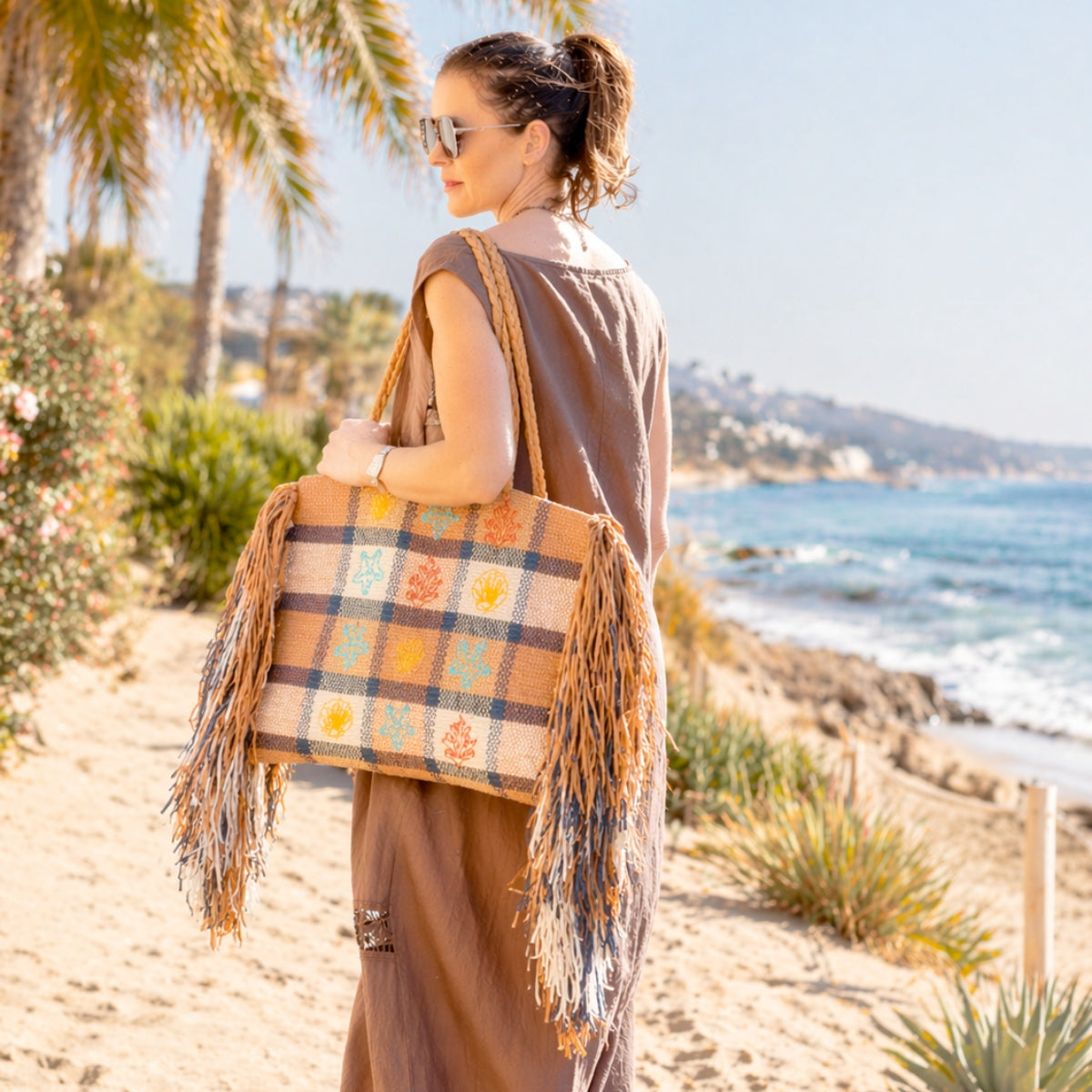 Alex.Max Sea Life Orange Gingham Fringe Beach Bag