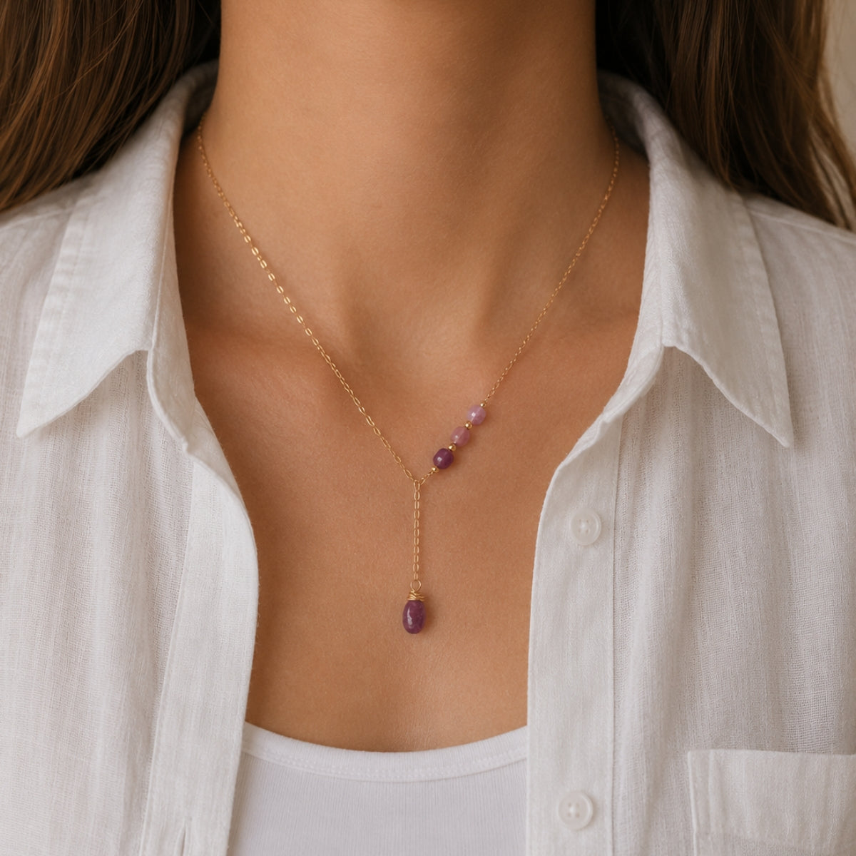 Raw Pink Tourmaline Lariat Necklace
