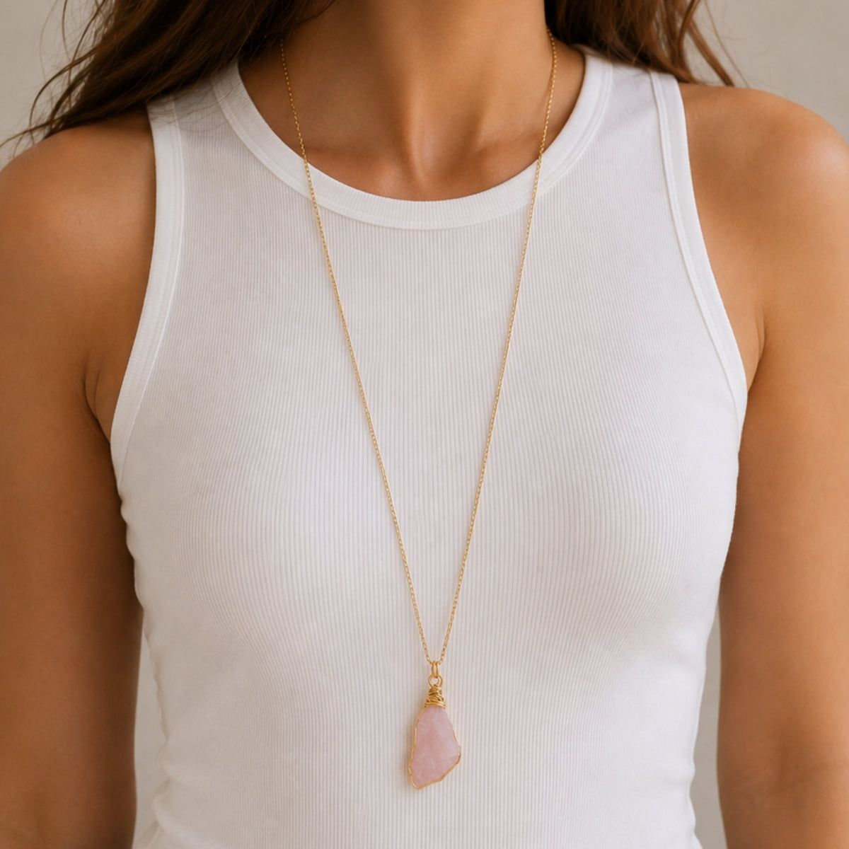 Raw Rose Quartz Long Necklace
