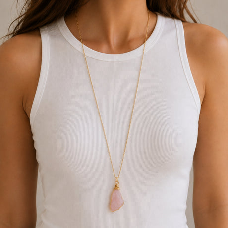 Raw Rose Quartz Long Necklace