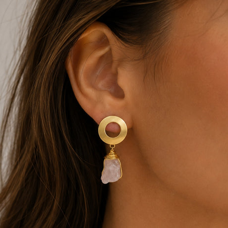 Raw Rose Quartz Circle Dangle Earrings