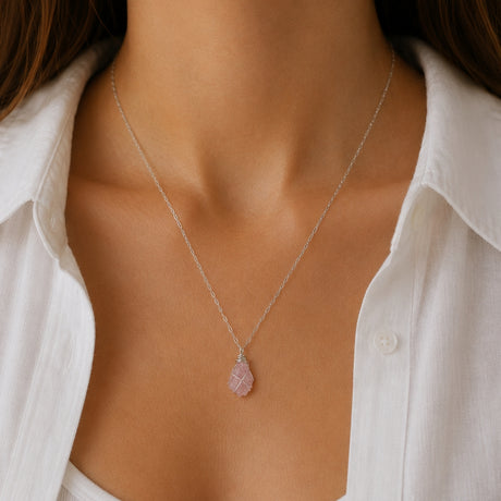 Raw Rose Quartz Silver Necklace