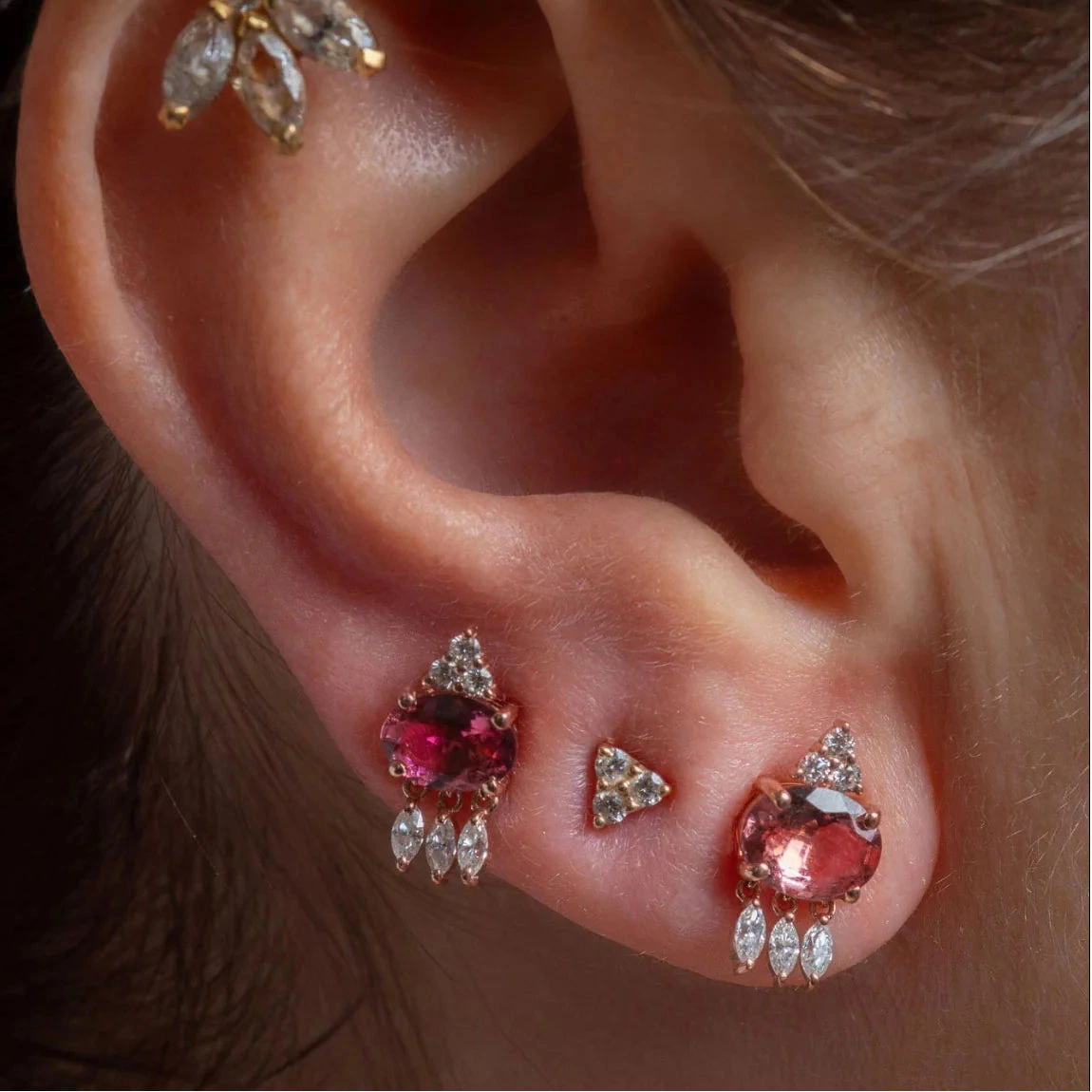 Small Pink Tourmaline with Dangling Stones Earring