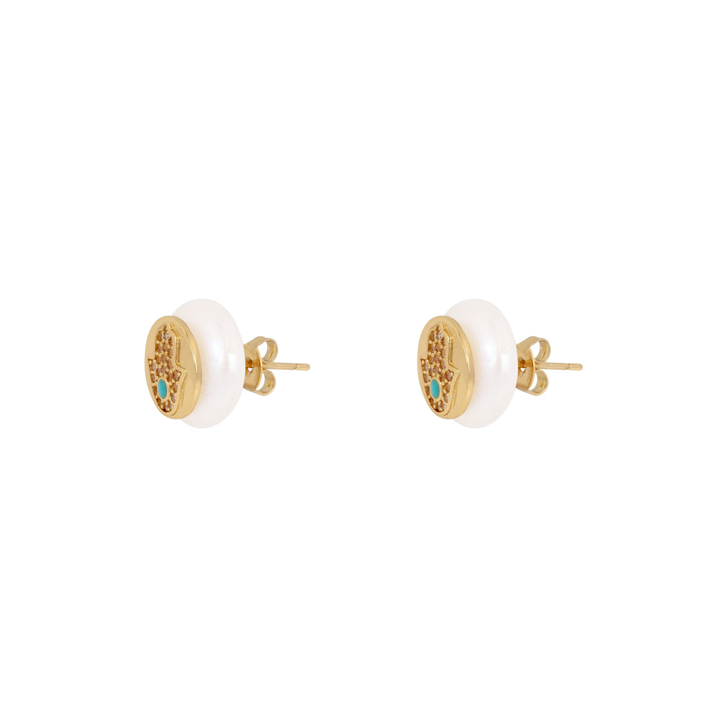 You & Eye Gold Pave Crystal Hamsa Round Stud Earrings | Boom & Mellow