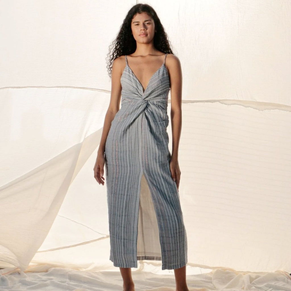 The Handloom Celia Striped Dress Navy with Stripes | Boom & Mellow