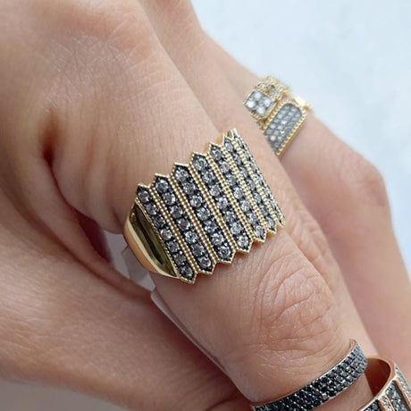 Sigha Bijoux 18k Gold Serrated Wide Band Pave Ring | Boom & Mellow