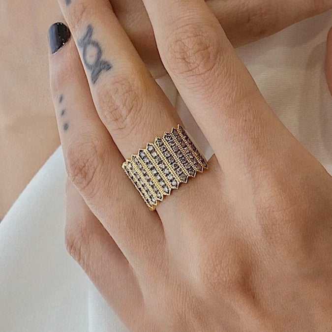 Serrated Wide Band Pave Ring