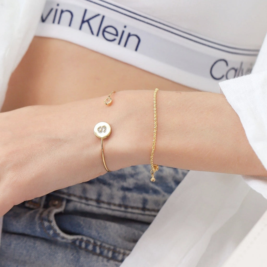 Tai Initial Cuff with Crystal Accent Bracelet | Boom & Mellow