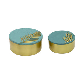 Il Etait Une Fois Palm Leaf Teal Concrete and Brass Jar Set of 2