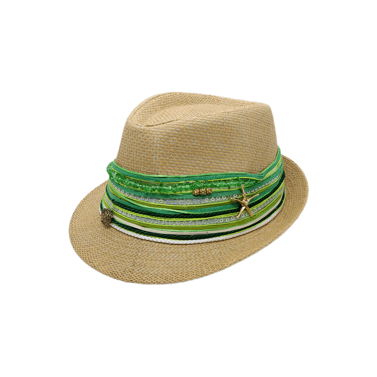 Green fedora hat inspired by meadow hues, perfect for spring or garden-themed outfits.