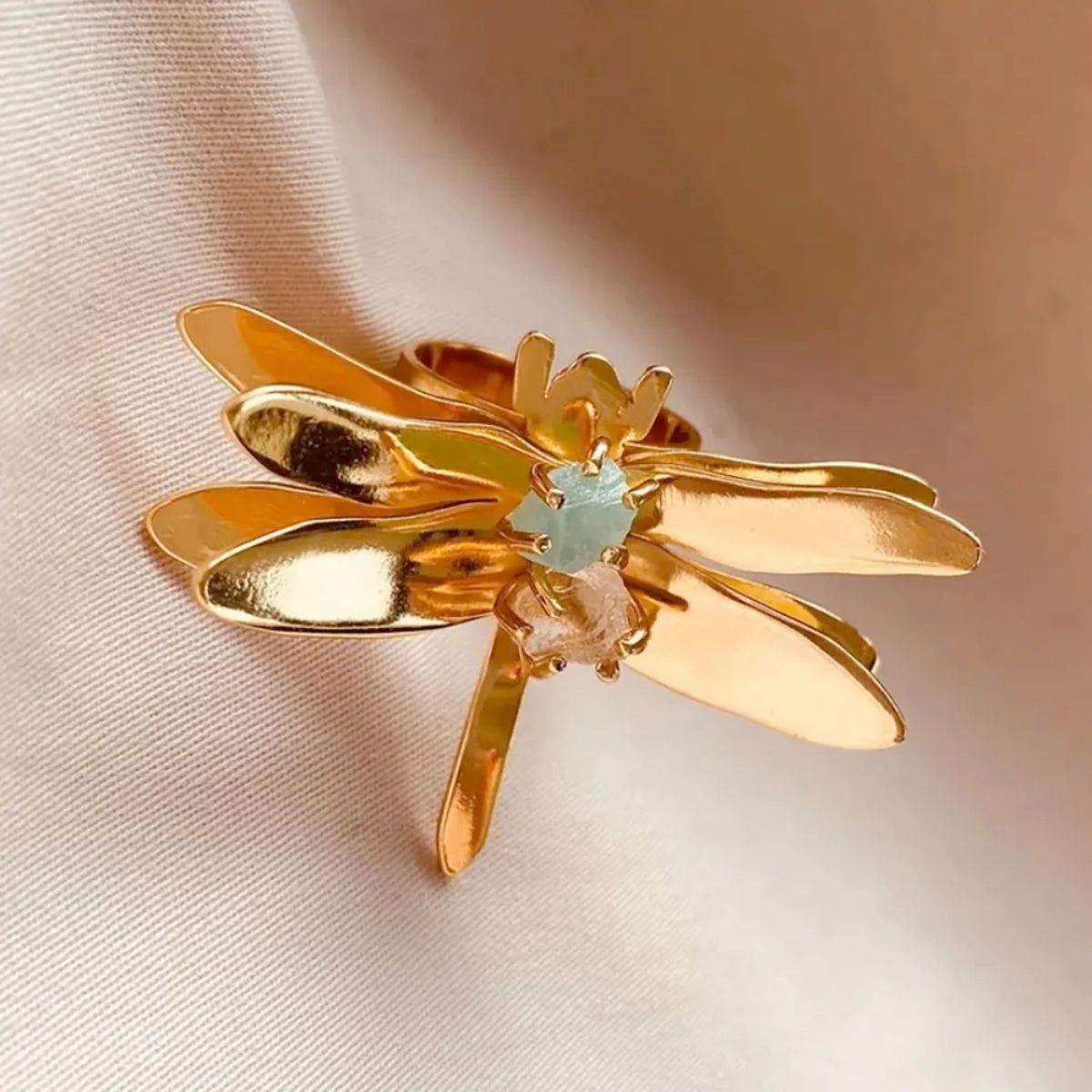 Lina Hernandez Sara Dragonfly Ring with Emerald and Rose Quartz