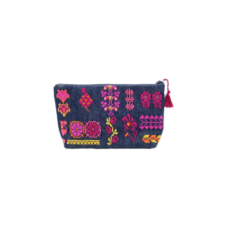 Inaash Pink Flowers Tatreez Denim Small Zip Pouch