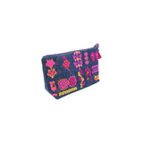 Pink Flowers Tatreez Denim Small Zip Pouch