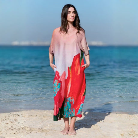 Dhara Sheth Coral Mirage Long Kaftan with Pockets