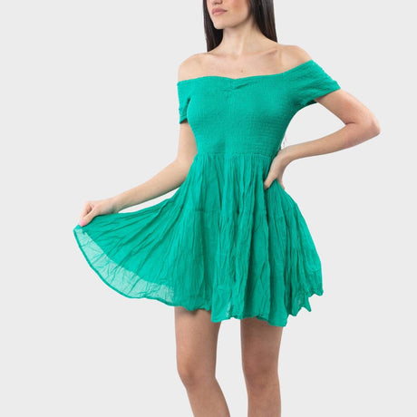 Antica Sartoria Atenea Emerald Smocked Off Shoulder Mini Dress