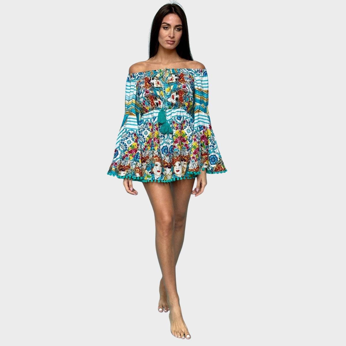 Antica Sartoria Majolica Print Off-Shoulder Mini Jumpsuit