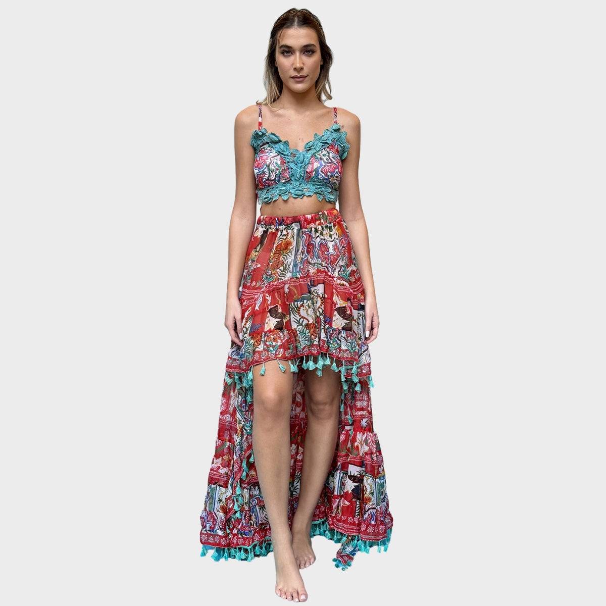 Antica Sartoria Coral Print Crochet Trim Hi-Low Skirt Set