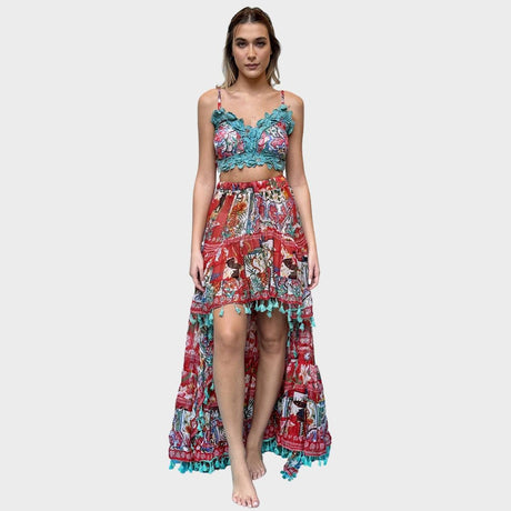 Antica Sartoria Coral Print Crochet Trim Hi-Low Skirt Set