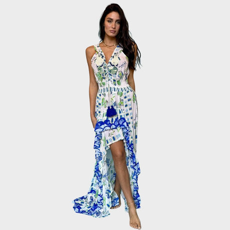 Antica Sartoria Mediterranean Floral and Tile Print Hi-Low Dress