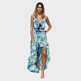 Antica Sartoria Blue and Green Marble Print Hi-Low Dress