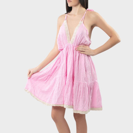 Antica Sartoria Crinkle Cotton Lace-Trim Pink Mini Dress