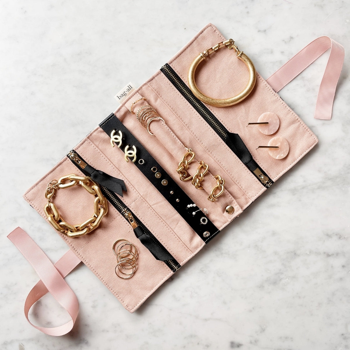 Bag-All Medium Black and White Striped Jewelry Roll Case