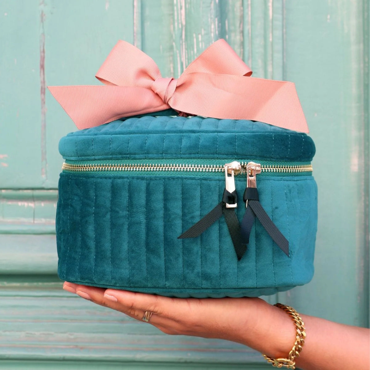 Bag-All Small Teal Quilted Eco Velvet Makeup Case